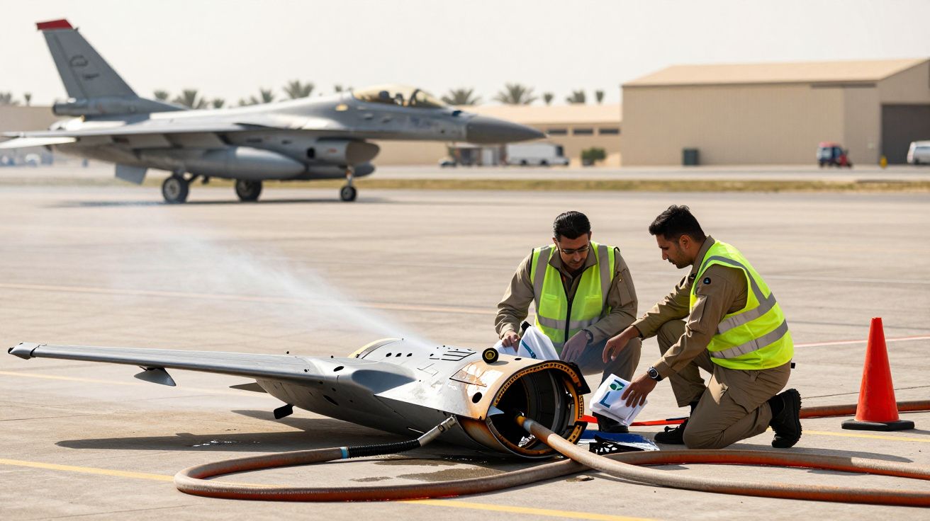 Dwóch techników w kamizelkach odblaskowych pracuje przy urządzeniu na płycie lotniska, w tle myśliwiec.
