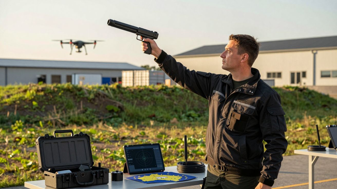 Mężczyzna w kurtce celuje urządzeniem w drona, stojąc na polu, obok stołów z wyposażeniem elektronicznym.