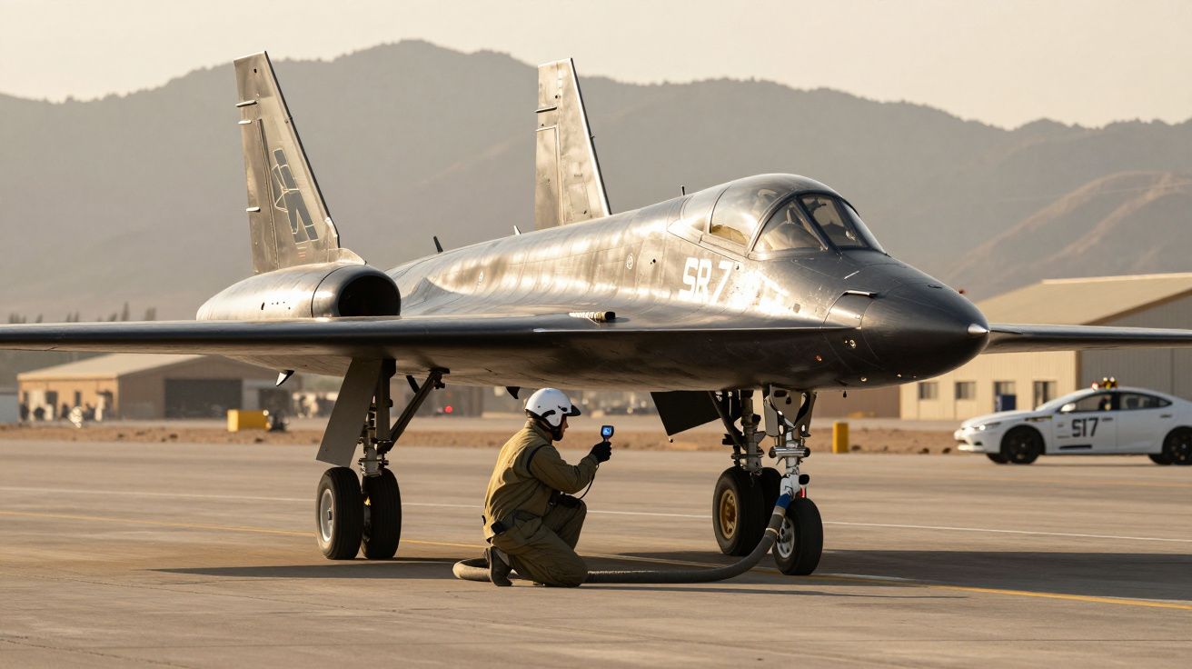 Czarny samolot na pasie startowym, technik w kasku pracuje przy podwoziu. W tle góry i hangary.