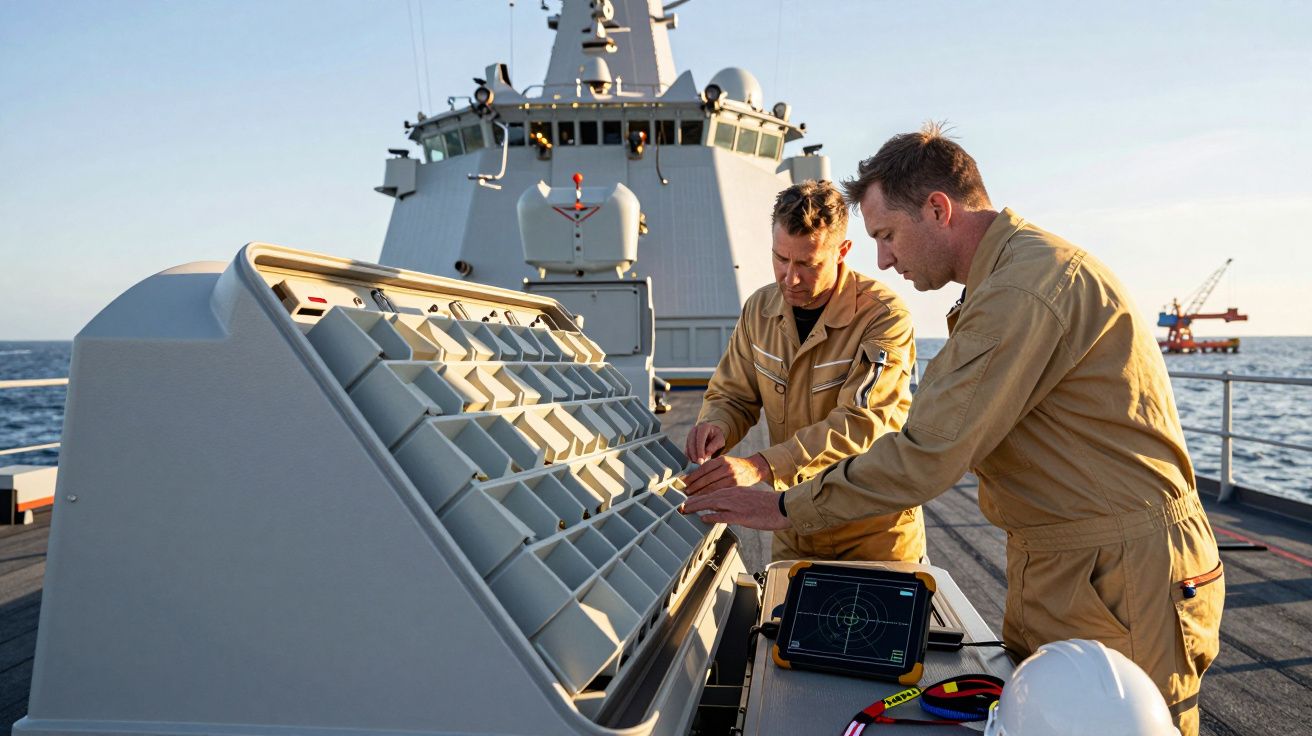 Dwóch mężczyzn w uniformach pracuje na pokładzie statku wojskowego przy panelu kontrolnym na tle morza.