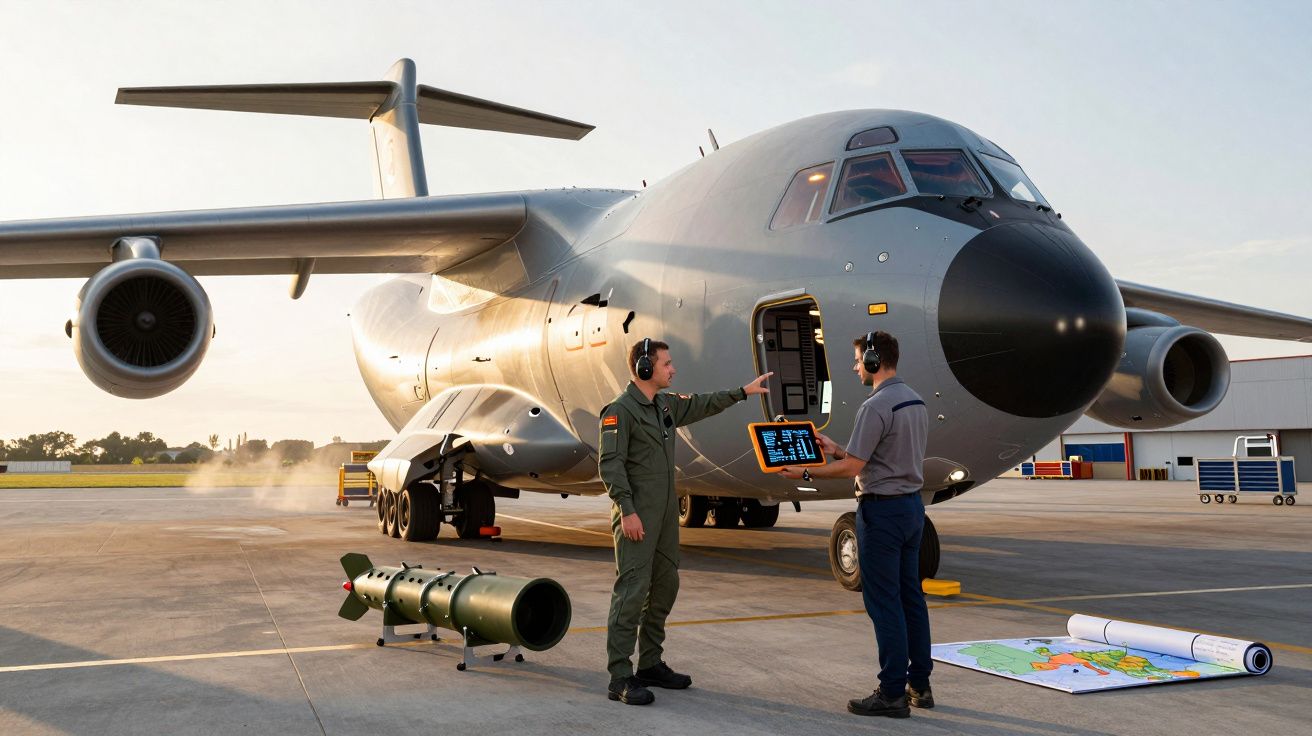 Duży wojskowy samolot transportowy na lotnisku, dwóch mężczyzn w słuchawkach rozmawia obok sprzętu i mapy.