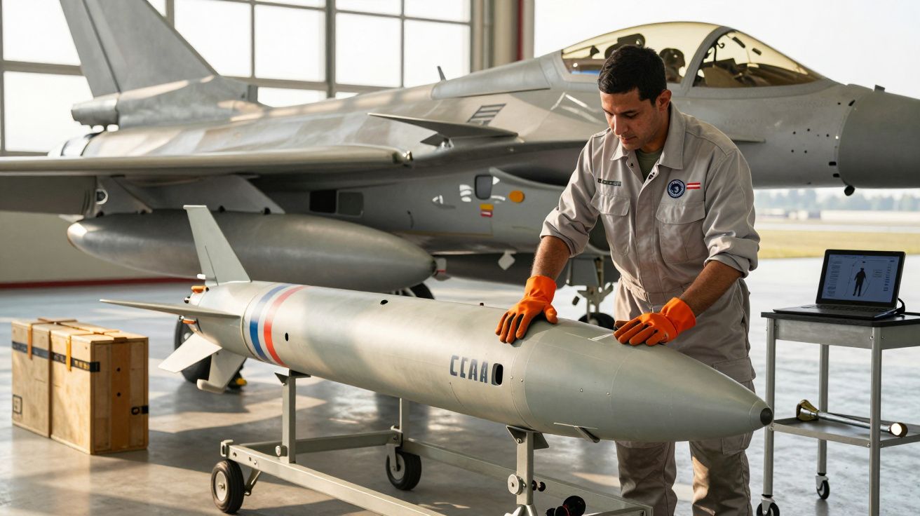 Mężczyzna w kombinezonie i pomarańczowych rękawicach pracuje przy pocisku obok myśliwca w hangarze lotniczym.