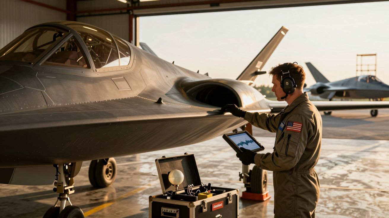 Osoba w kombinezonie odsłuchuje dźwięki z lotniczego kadłuba samolotu w hangarze.