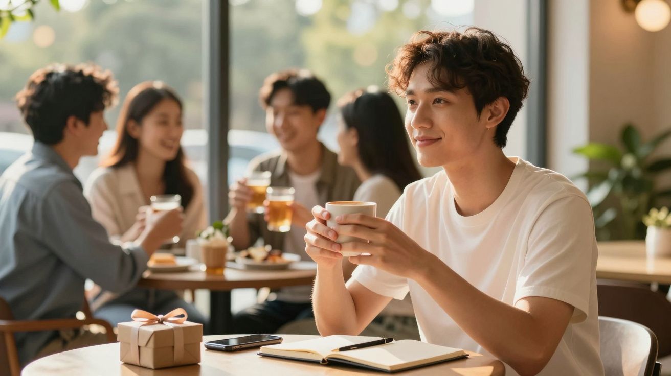 Mężczyzna w białej koszulce siedzi w kawiarni, trzymając filiżankę kawy. W tle grupa ludzi rozmawia przy stole.