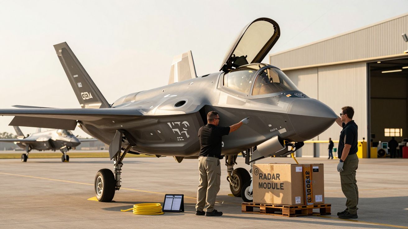 Dwóch techników pracuje przy myśliwcu na lotnisku, z otwartą kabiną. Obok stoi skrzynia z napisem "Radar Module".