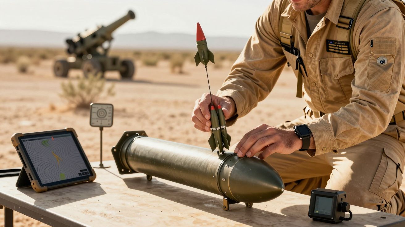 Żołnierz w mundurze przygotowujący rakietę na pustynnym stole, w tle armatka i urządzenia elektroniczne.