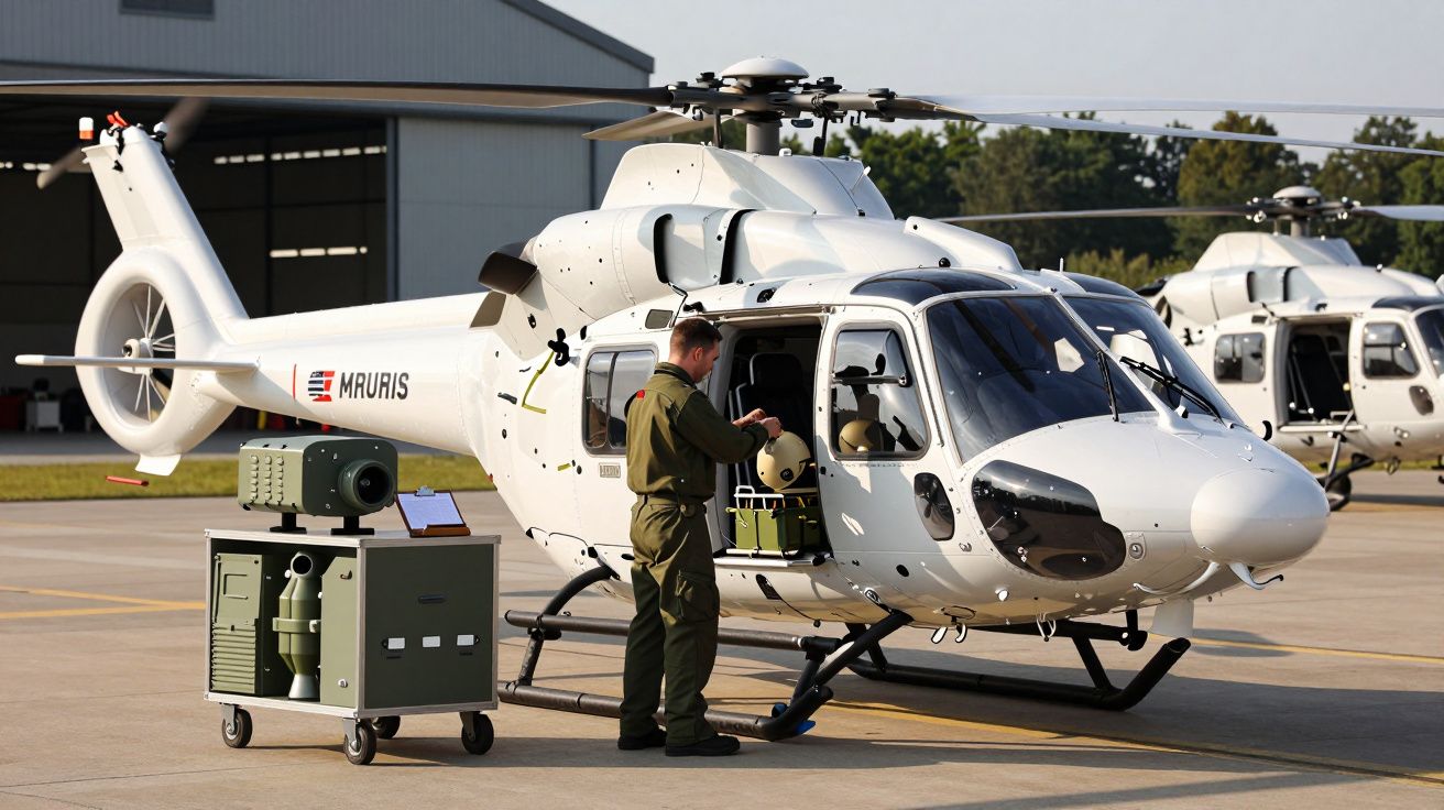 Mężczyzna w mundurze przy białym helikopterze na lotnisku, obok sprzęt wojskowy, w tle hangar i drzewa.