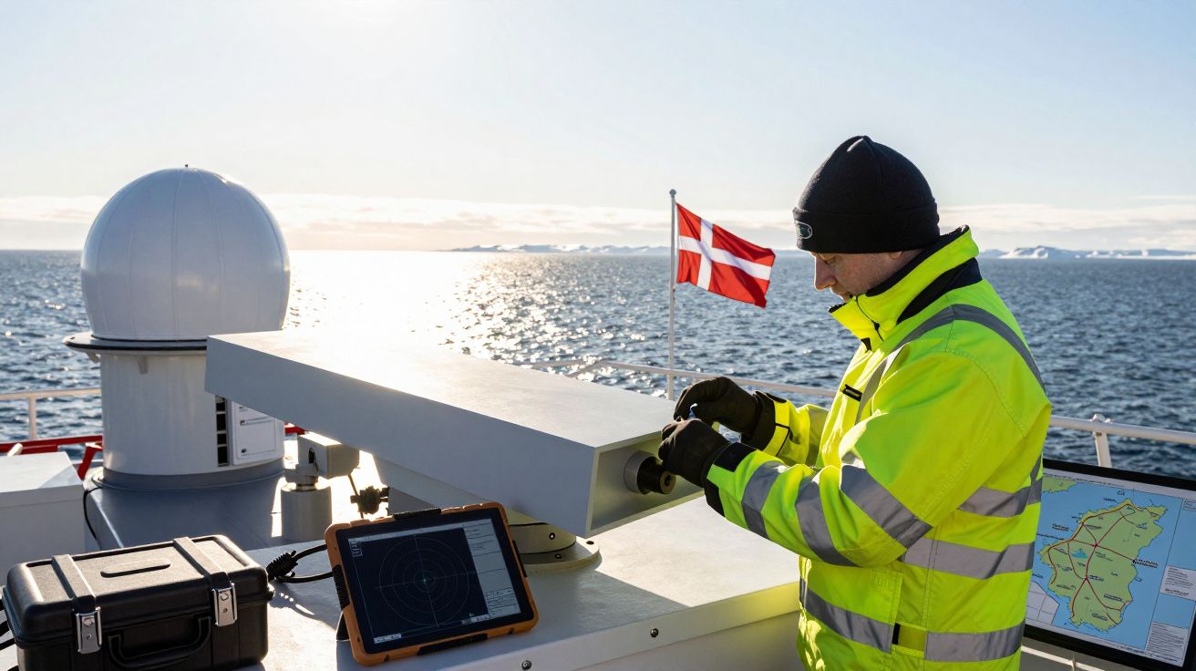 Osoba w żółtej kurtce pracuje na pokładzie statku z widokiem na morze i flagą Danii w tle.