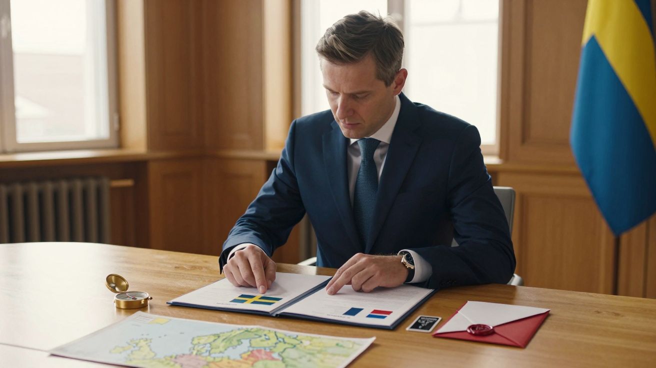 Mężczyzna w garniturze siedzi przy biurku, przegląda folder z flagami i mapą Europy, obok leży kompas i czerwony list.