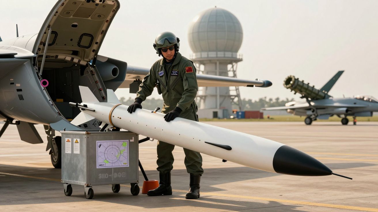 Żołnierz w mundurze wojskowym przygotowuje dużą rakietę do załadunku obok samolotu na lotnisku wojskowym.