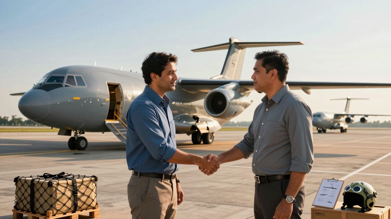 Dwaj mężczyźni podają sobie ręce na tle samolotu wojskowego na płycie lotniska.