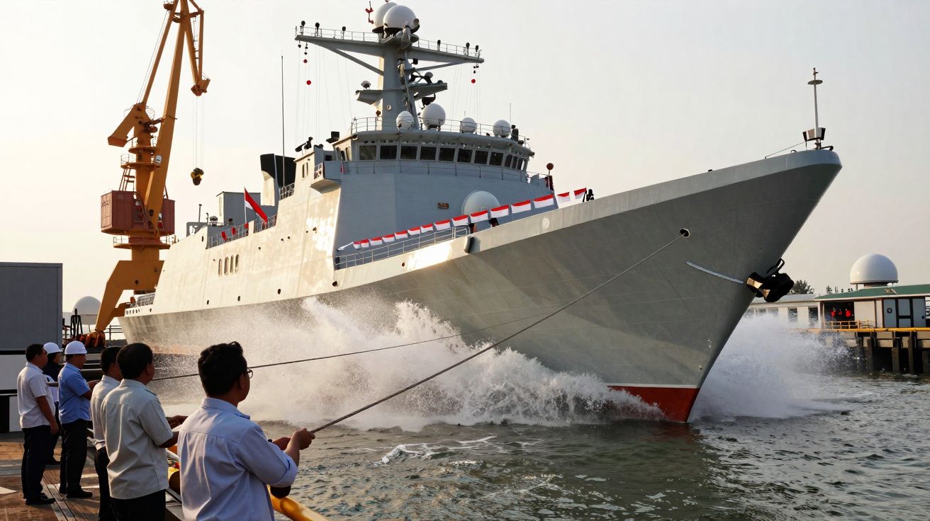 Statek wojskowy wypływający z portu, otoczony przez pracowników w hełmach, w tle żuraw portowy.