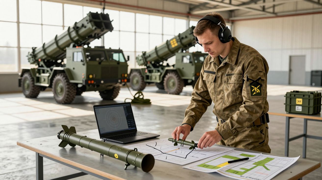 Żołnierz w mundurze analizuje dokumenty przy laptopie, w tle ciężarówki z wyrzutniami rakiet.