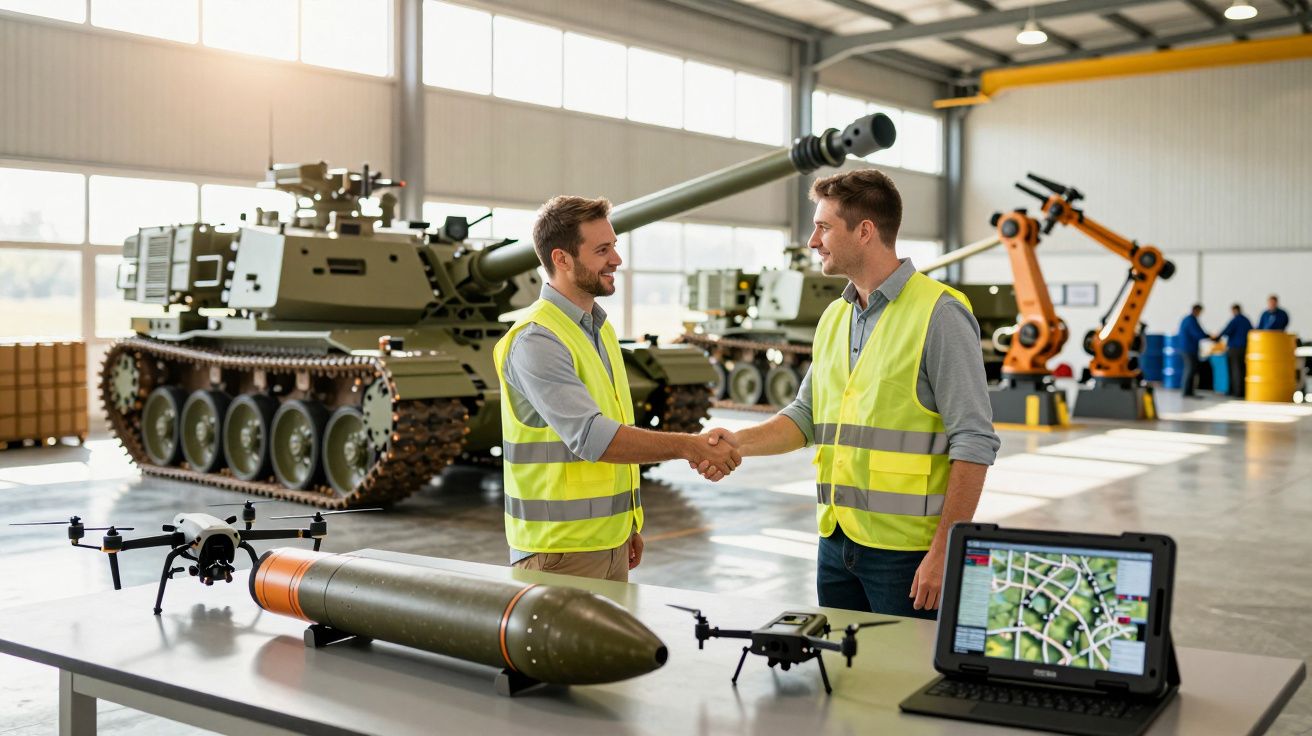 Dwóch mężczyzn w kamizelkach odblaskowych ściska sobie dłonie w hali z pojazdami wojskowymi i sprzętem technicznym.