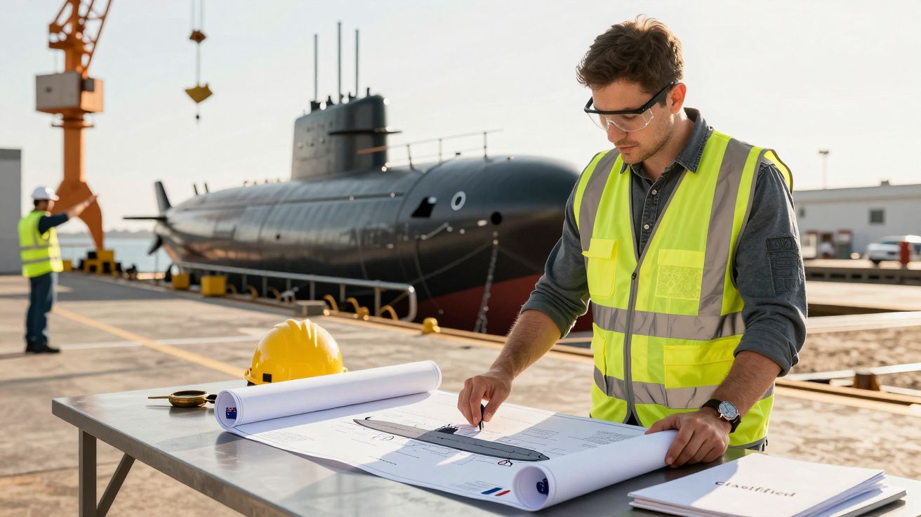 Mężczyzna w kamizelce odblaskowej przegląda plany na stole przy łodzi podwodnej.