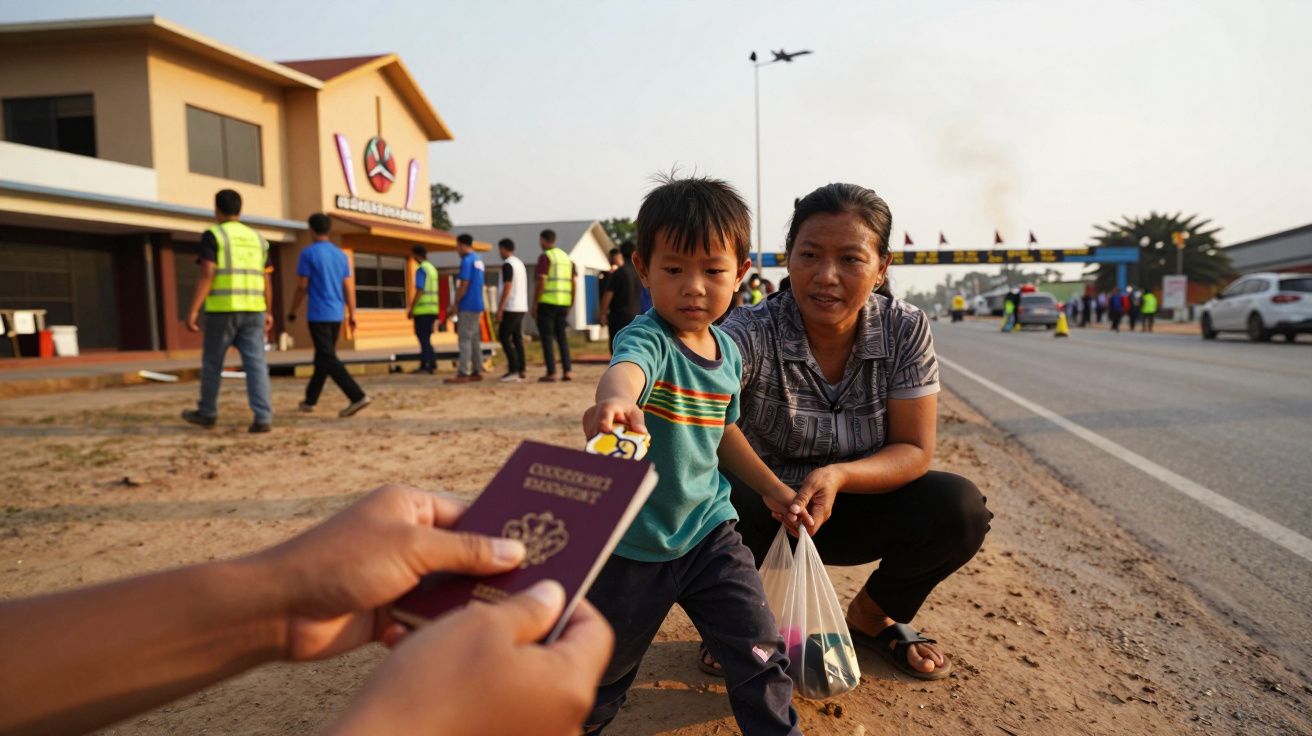Dziecko z matką na poboczu drogi, przekazujące paszport do ręki. W tle budynek i ludzie w kamizelkach.