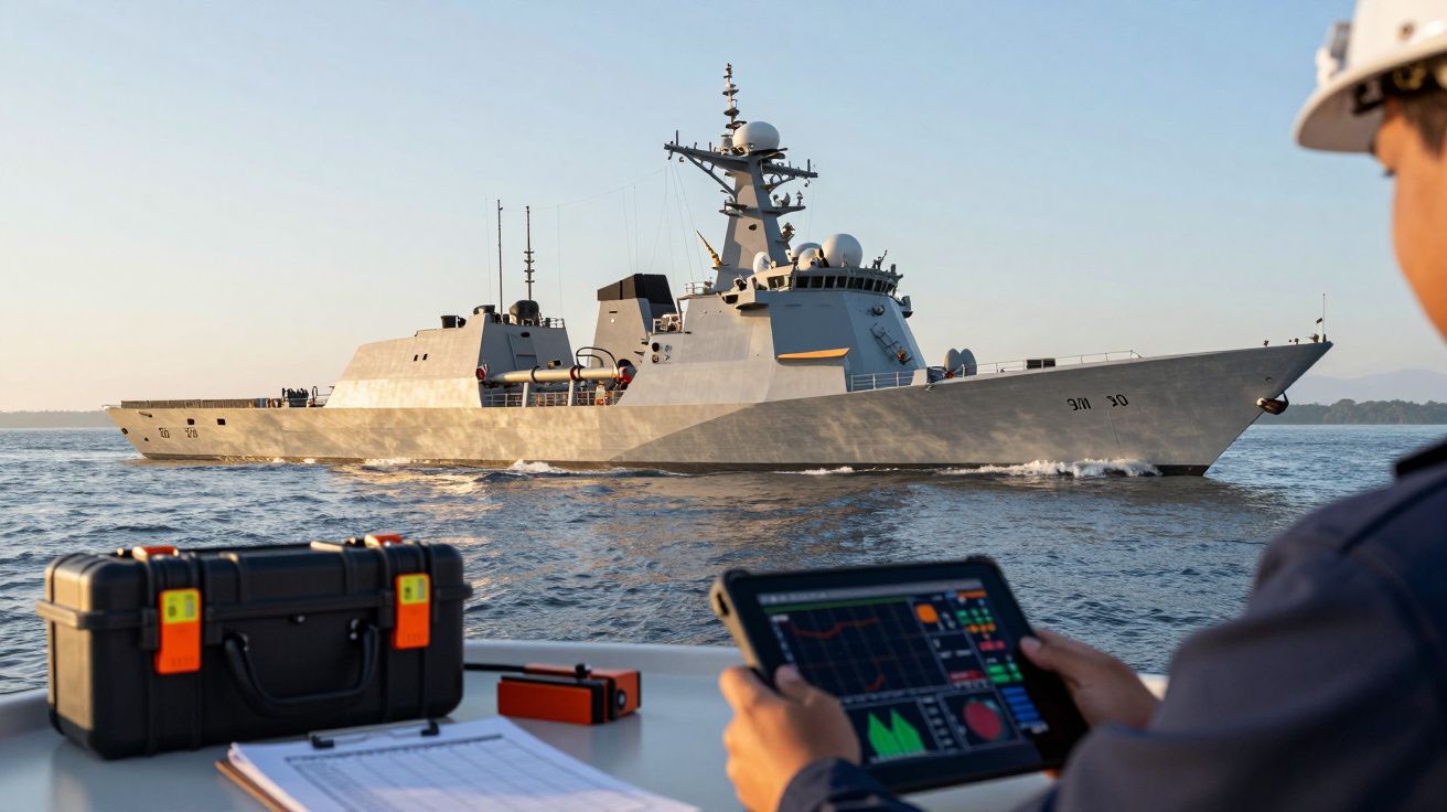 Osoba monitorująca ekran na statku, z widokiem na przepływającą fregatę wojenną na otwartym morzu.