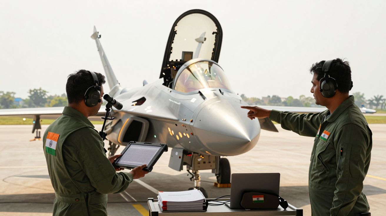 Dwóch mężczyzn w mundurach rozmawia przy myśliwcu na lotnisku. Jeden trzyma tablet, drugi wskazuje samolot.