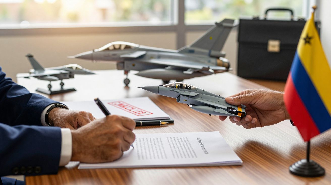 Osoba podpisująca dokument obok modelu myśliwca na biurku, obok flaga Kolumbii.