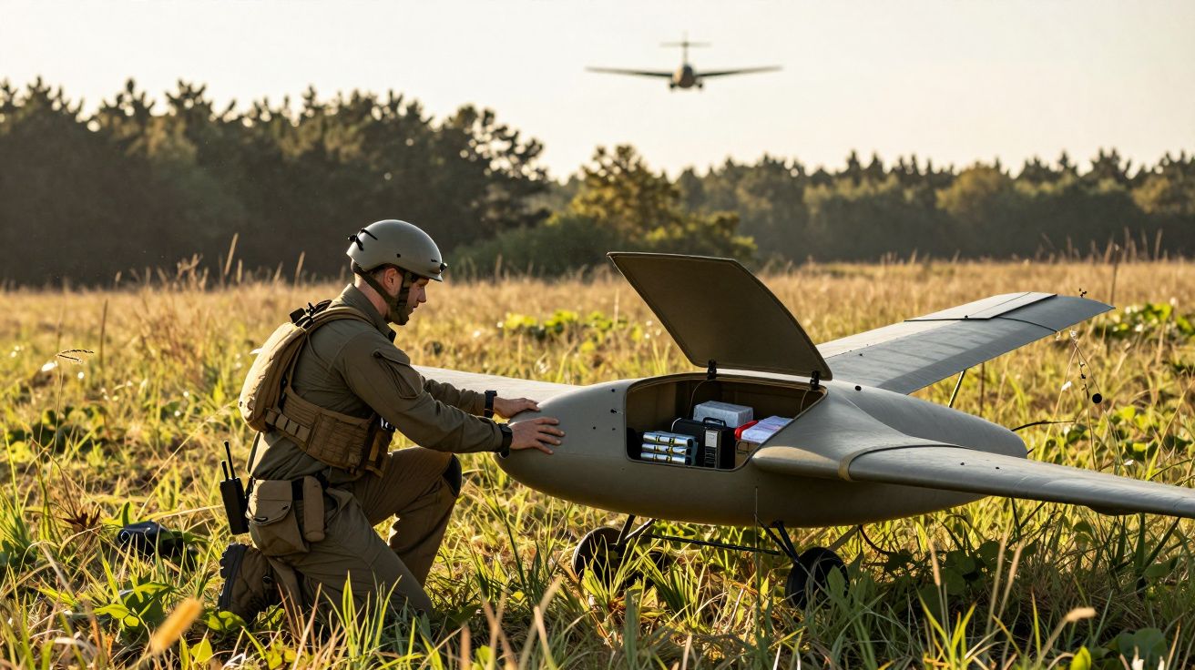 Mężczyzna w mundurze przygotowuje drona na polu; w tle nadlatuje drugi dron.