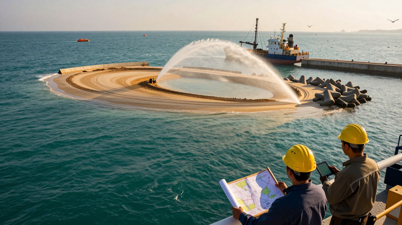 Dwóch mężczyzn w kaskach patrzy na plan budowy portu przy sztucznej wyspie i statku na morzu.