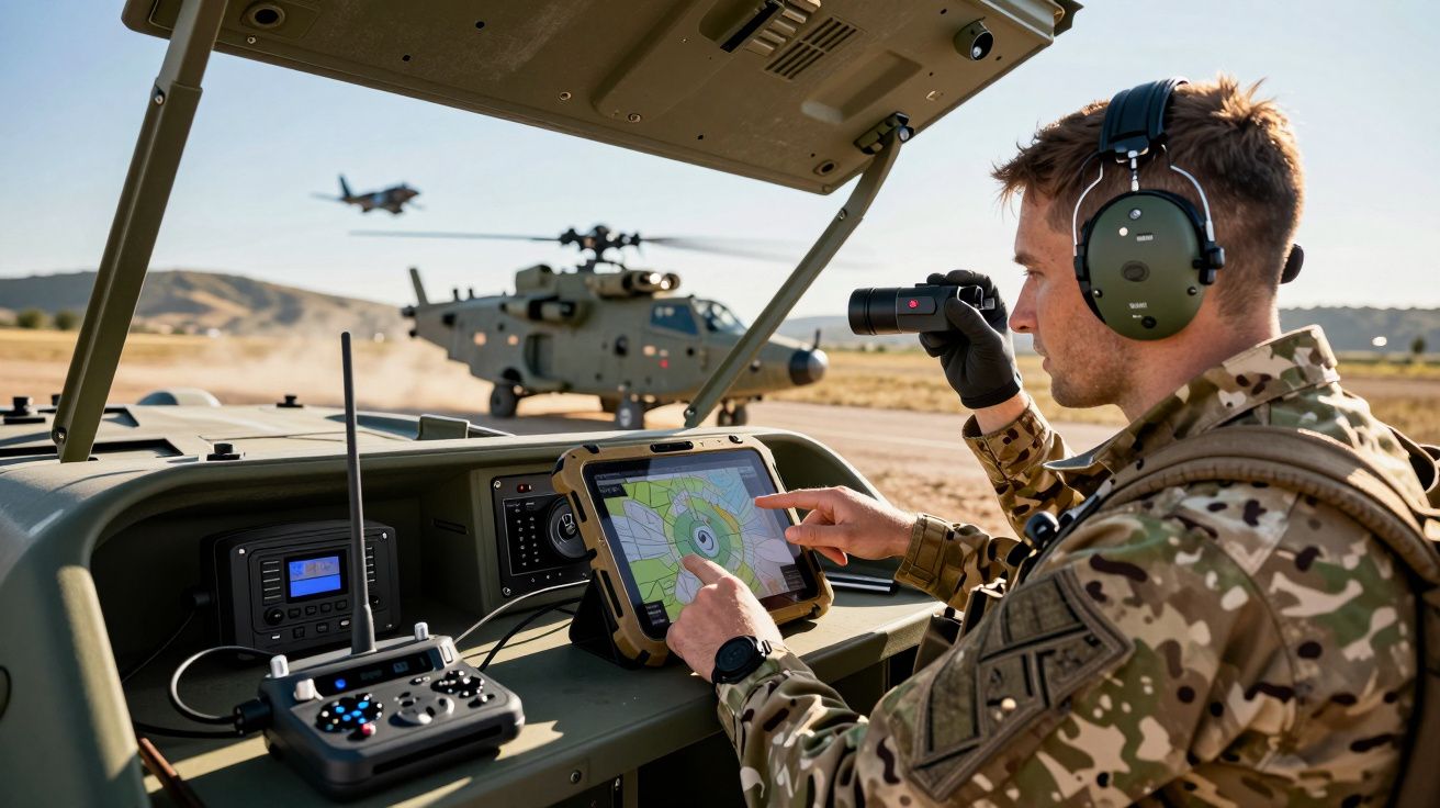 Żołnierz z tabletem i lornetką przy pojeździe wojskowym; helikoptery w tle na poligonie.