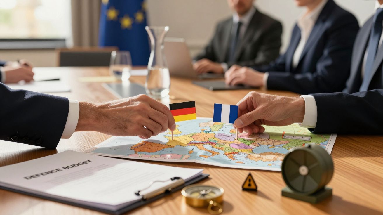 Ręce dwóch osób trzymają flagi Niemiec i Francji nad mapą Europy podczas spotkania w sali konferencyjnej.