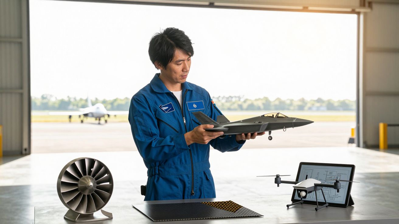 Mężczyzna w niebieskim kombinezonie trzyma model samolotu w hangarze. Obok niego turbosprężarka, dron i laptop.