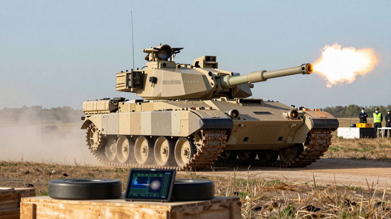 Czołg w czasie strzelania na poligonie, widok z boku, błysk ognia z lufy.