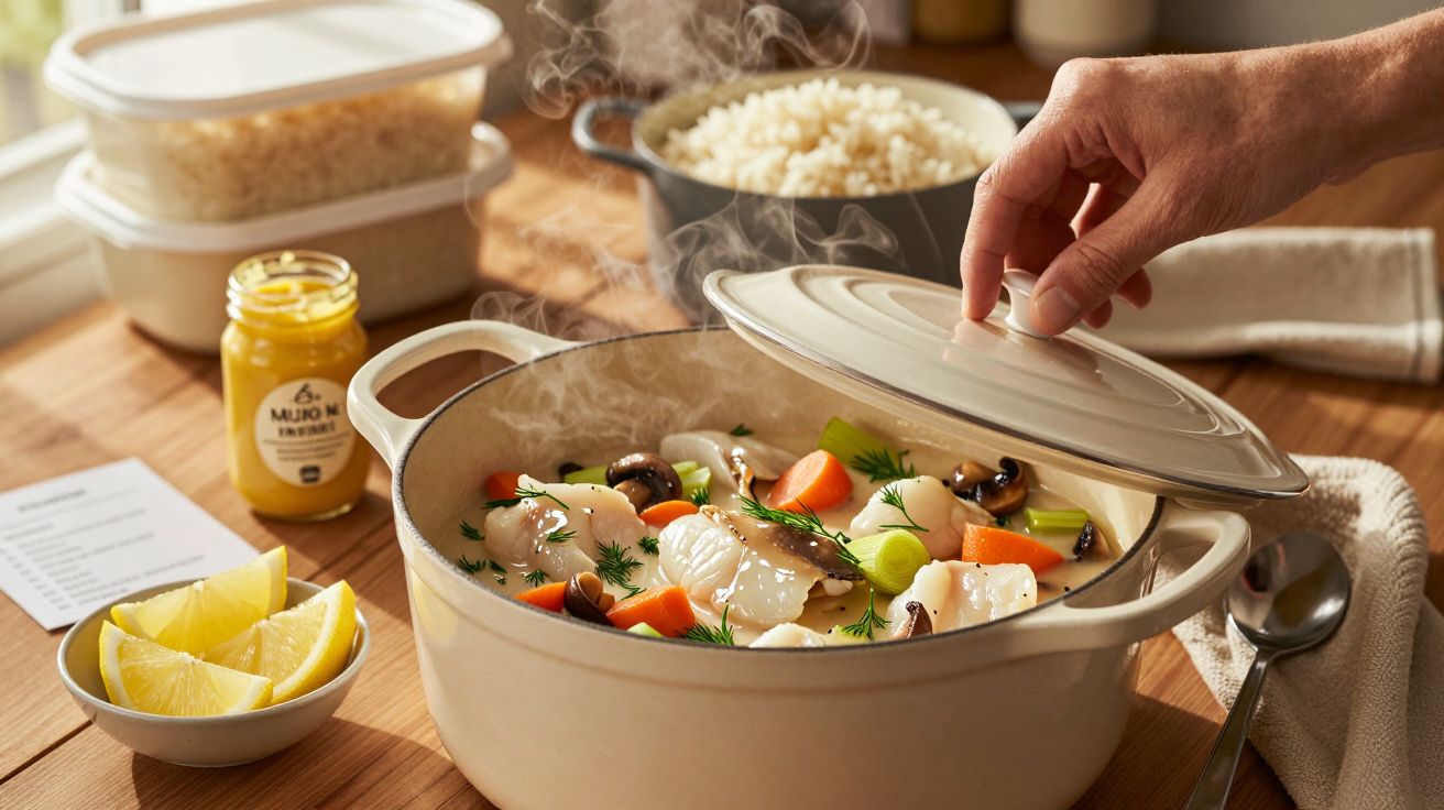 Gorący gulasz warzywny w garnku, ręka podnosi pokrywkę. W tle miski z ryżem, cytryny i musztarda na drewnianym stole.