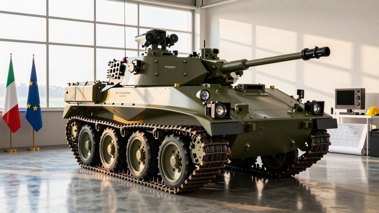 Nowoczesny czołg lekki w hangarze, z flagami Włoch i UE w tle, światło pada przez duże okna.