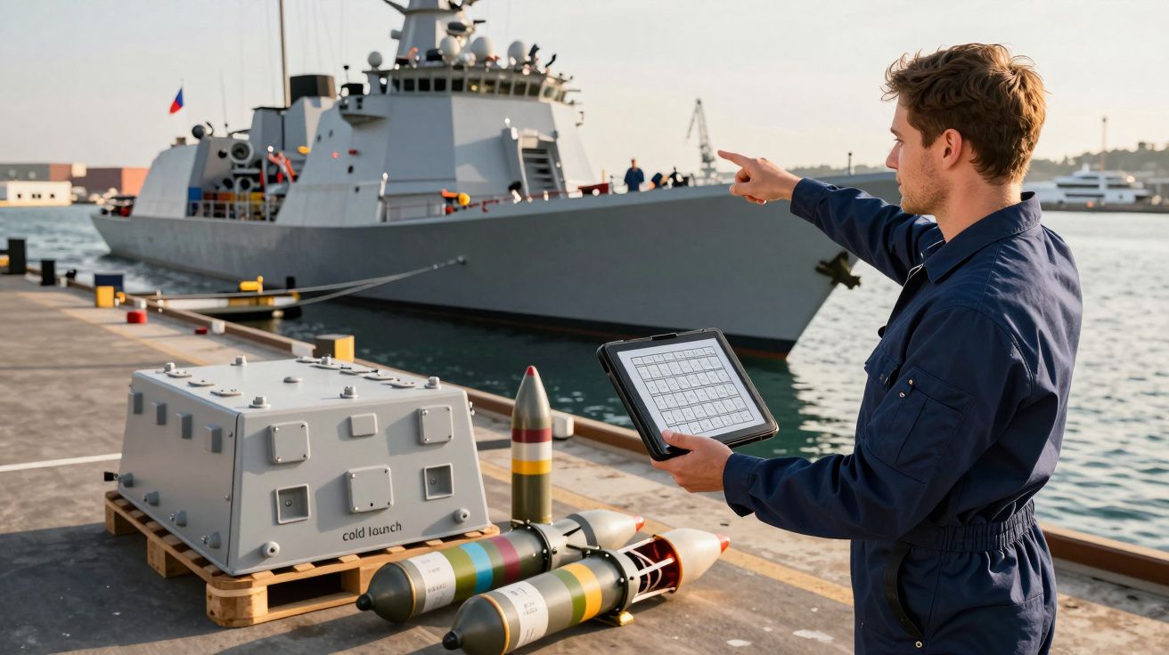 Mężczyzna w kombinezonie wskazuje na okręt wojenny, trzymając tablet na nabrzeżu obok sprzętu wojskowego.