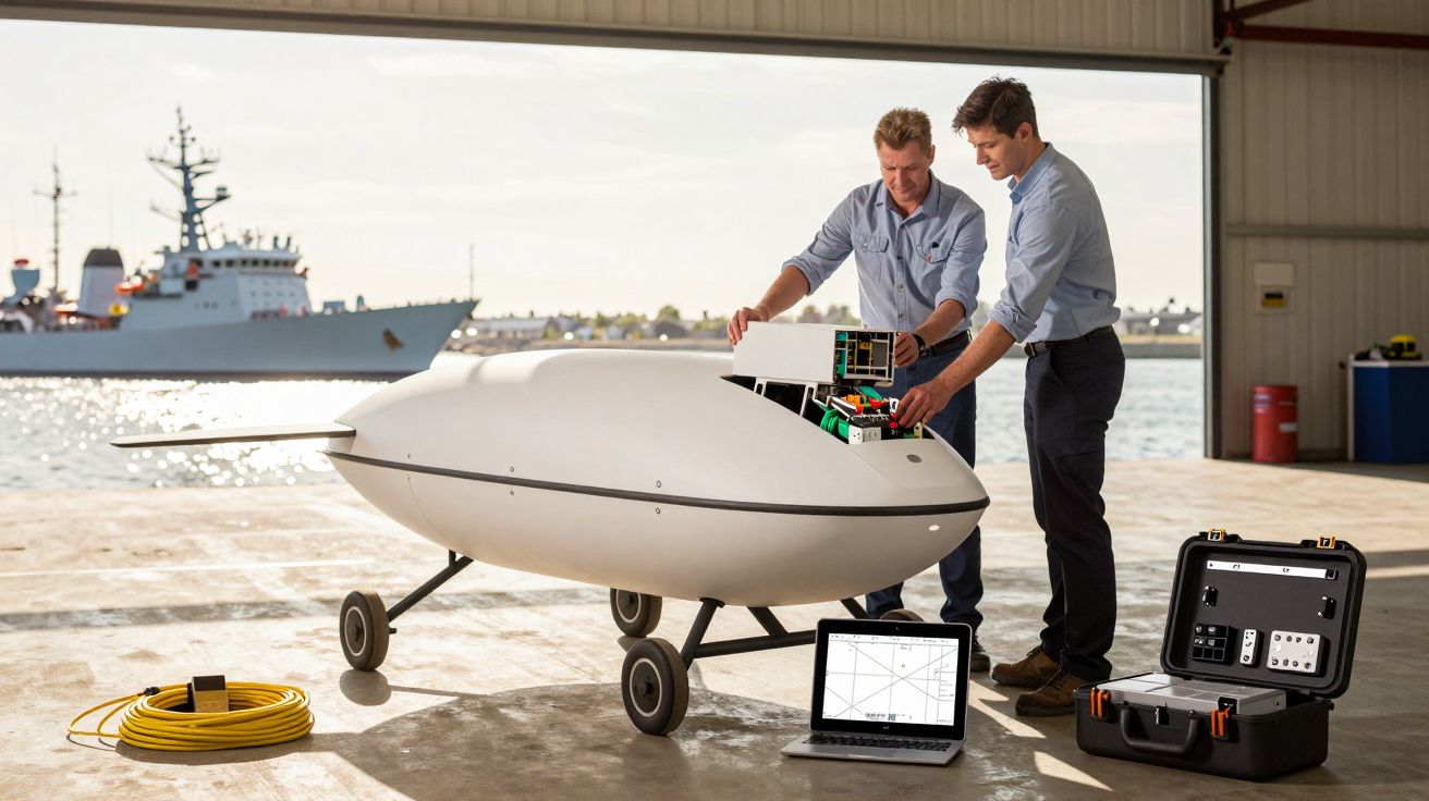 Dwaj mężczyźni pracujący nad dużym dronem w hangarze, z laptopem na ziemi, w tle widoczny okręt wojenny.