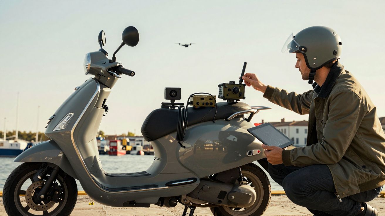 Mężczyzna w kasku obsługuje sprzęt zamontowany na skuterze, w tle dron w powietrzu i łodzie w porcie.
