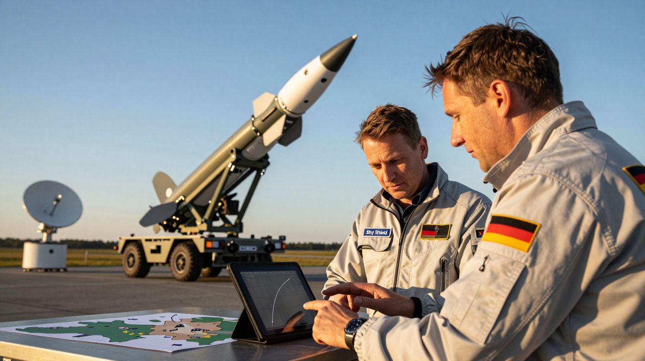 Dwóch mężczyzn w kombinezonach wojskowych obsługuje tablet przed wyrzutnią rakiet na otwartym terenie.