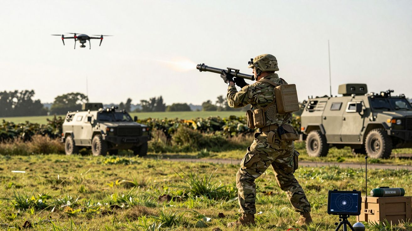 Żołnierz strzela do drona na tle pojazdów wojskowych na polu.