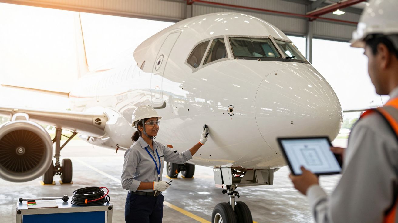 Mechanicy lotniczy sprawdzają samolot pasażerski w hangarze. Jeden z nich używa tabletu.