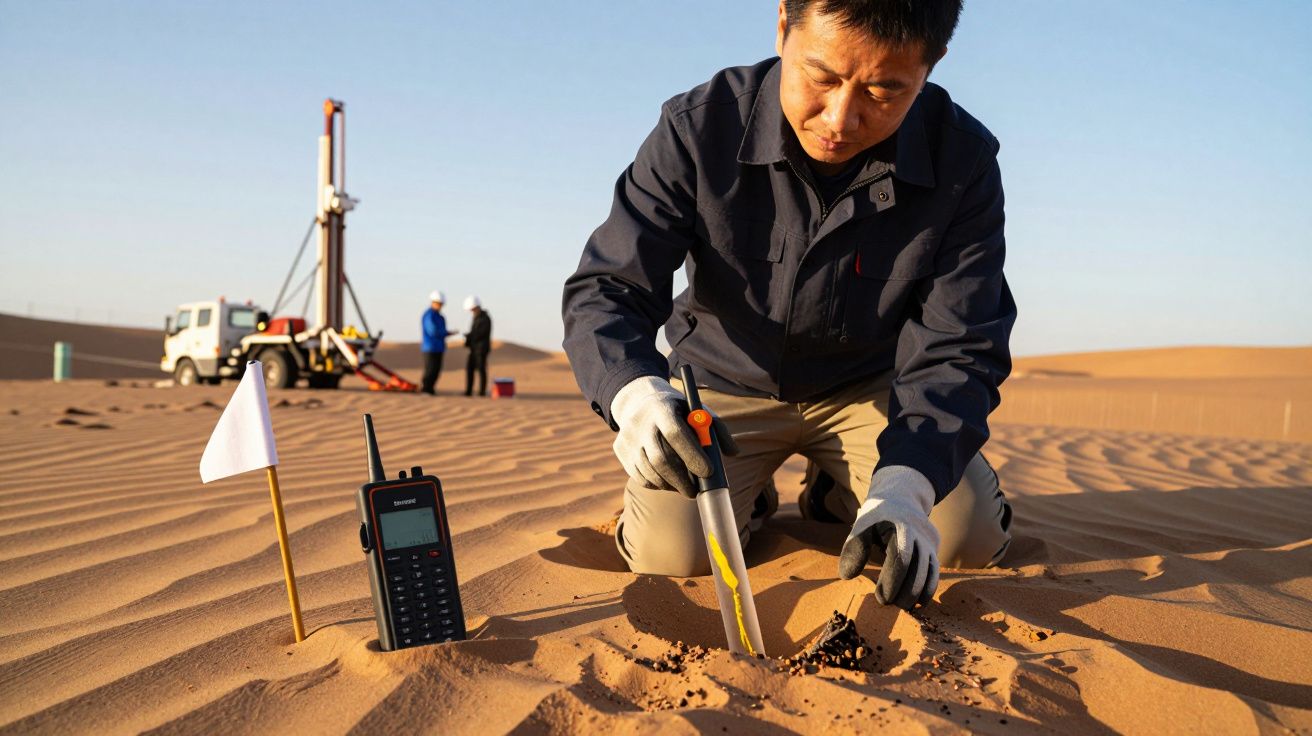 Mężczyzna w czarnej kurtce bada próbki gleby na pustyni z łopatką; w tle widać maszynę i inne osoby.