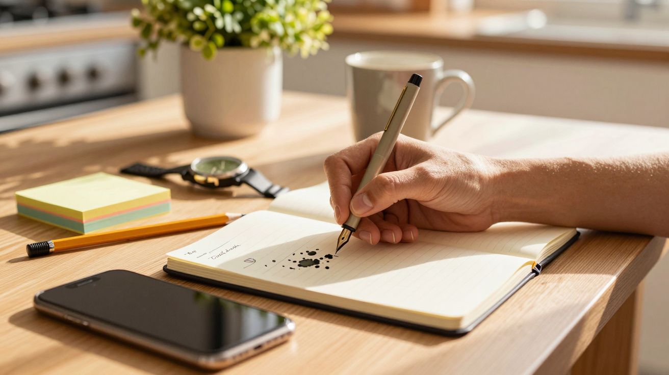 Osoba pisze piórem w notesie na drewnianym stole. Obok leżą telefon, ołówek, zegarek i karteczki samoprzylepne.