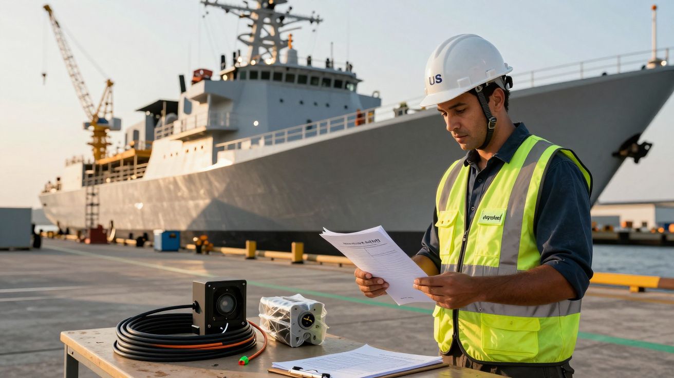 Mężczyzna w kasku i kamizelce odblaskowej sprawdza dokumenty na nabrzeżu z dużym statkiem w tle.