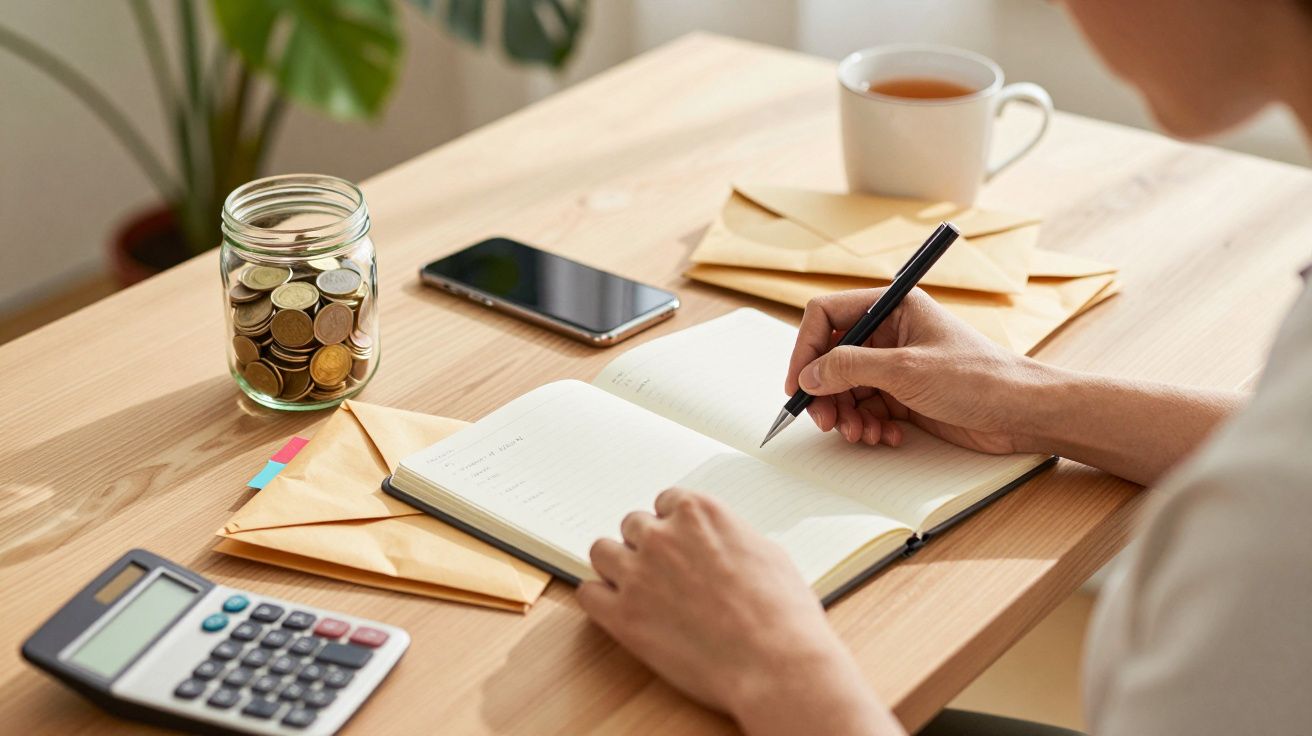 Osoba pisząca w notesie przy biurku, obok kalkulator, słoik z monetami, koperty, telefon i filiżanka herbaty.