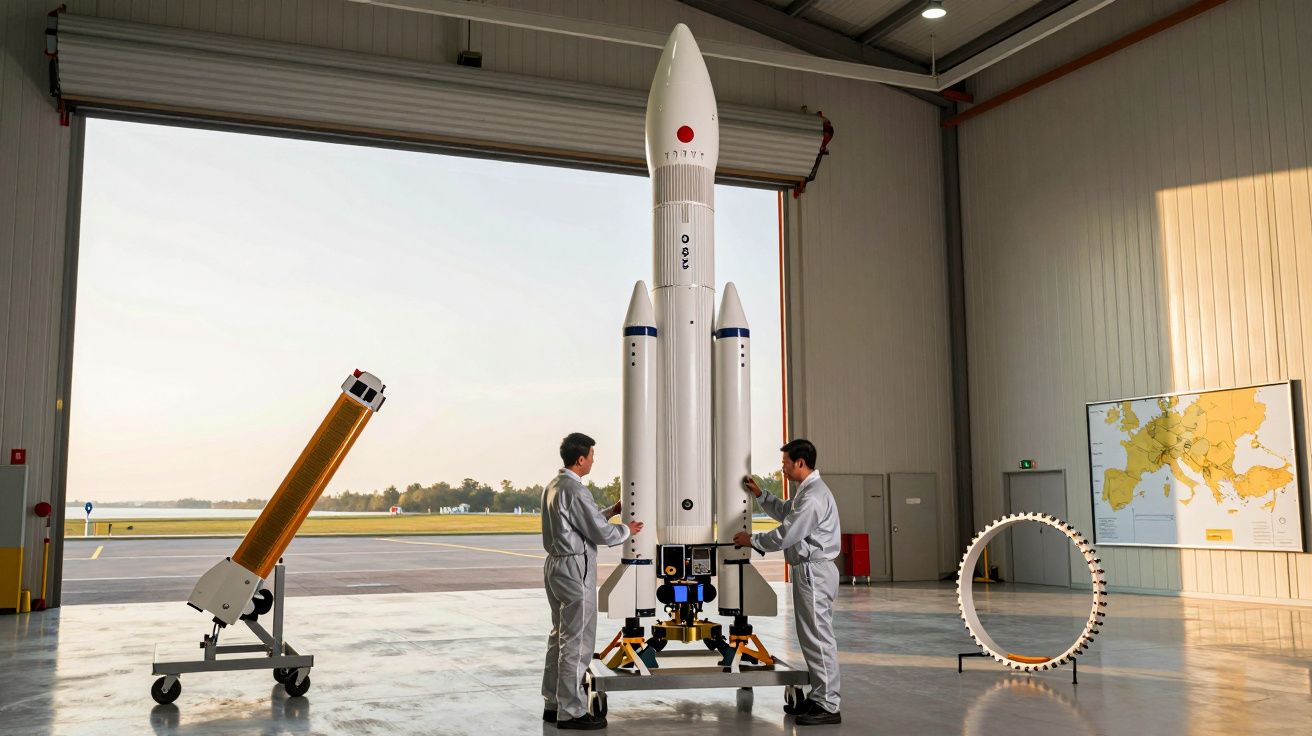 Dwóch mężczyzn w kombinezonach roboczych pracuje przy modelu rakiety w hangarze z otwartymi drzwiami.