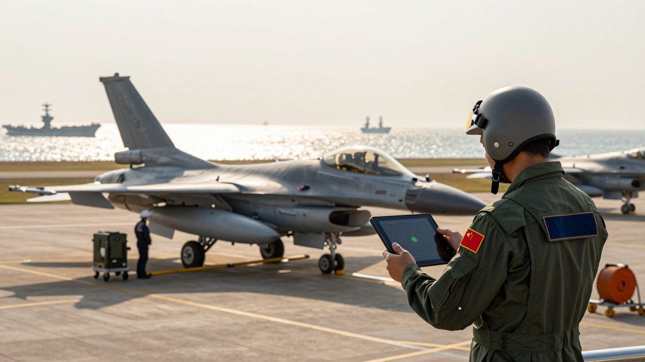 Pilot w hełmie obsługujący tablet przed myśliwcem na lotnisku. W tle statki na morzu pod słońcem.