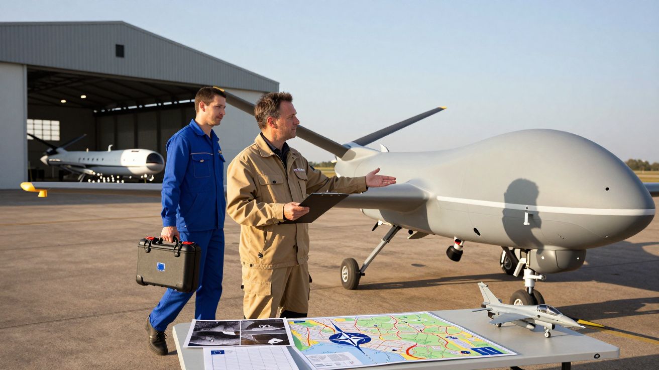 Dwóch mężczyzn przy dronie na lotnisku, jeden z mapą, drugi z walizką narzędzi, hangar i samolot w tle.