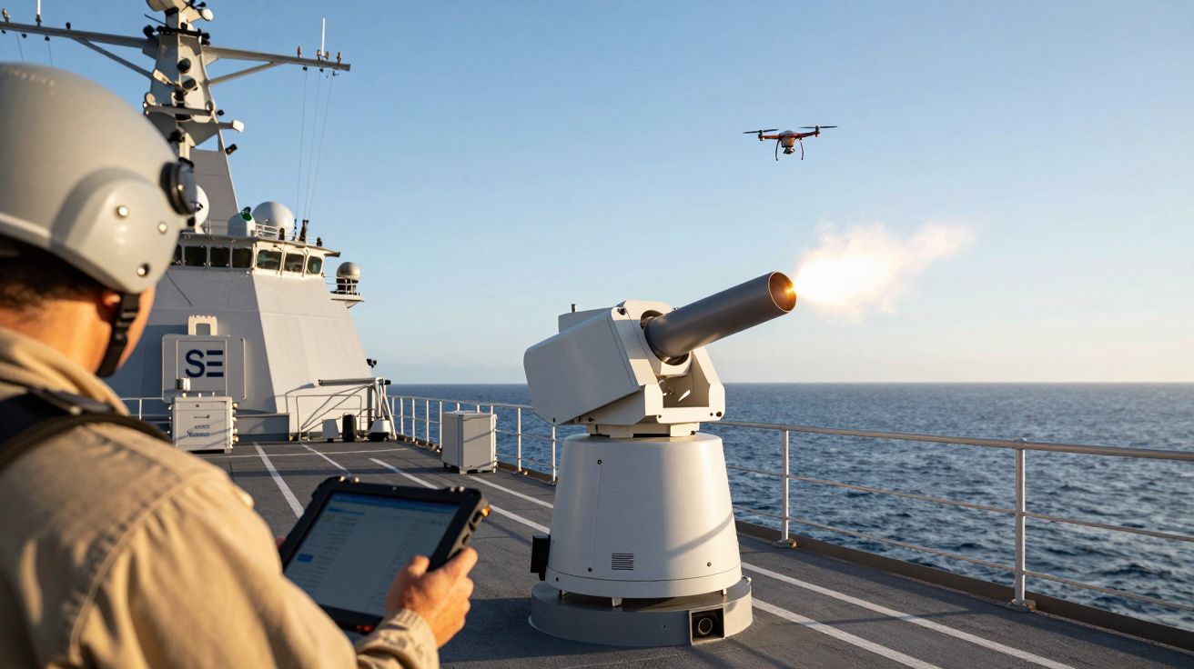 Operator na pokładzie okrętu steruje armatą, która strzela do drona na morzu.