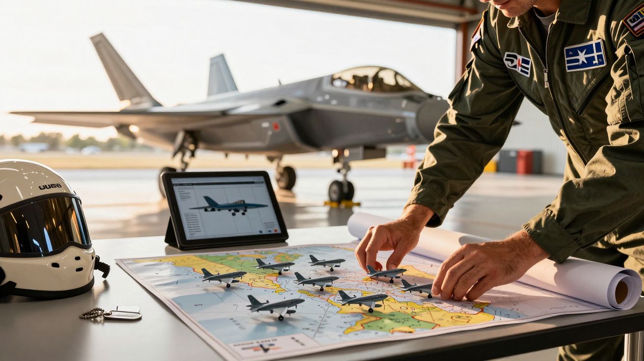 Pilot planuje misję przy stole z mapą, modelami samolotów, tabletem i hełmem. W tle stoi myśliwiec.