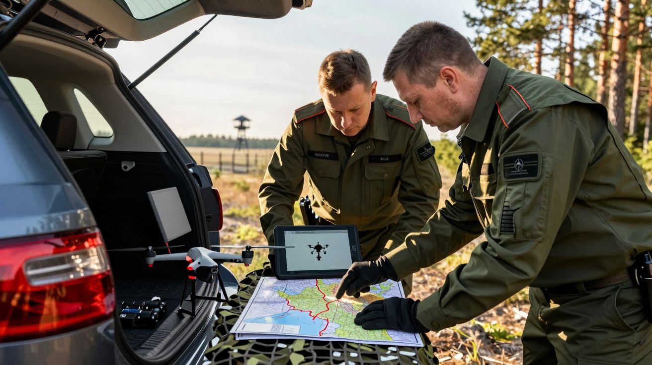 Dwóch żołnierzy w mundurach analizujących mapę i tablet przy otwartym bagażniku auta z dronem w lesie.