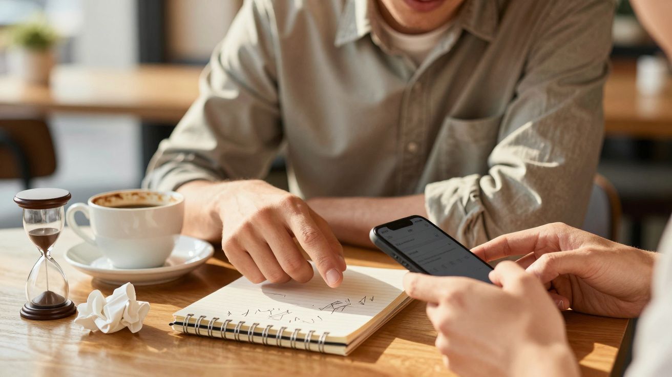 Dwie osoby rozmawiają przy stole z notatnikiem i telefonem, obok stoją filiżanka kawy i klepsydra.