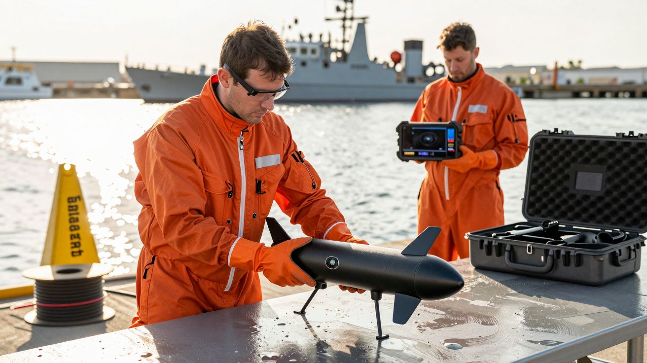 Dwóch mężczyzn w pomarańczowych kombinezonach przygotowuje dron podwodny na nabrzeżu, w tle statek wojskowy.
