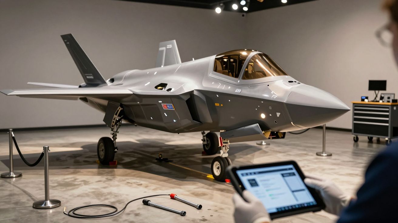 Osoba trzymająca tablet przed nowoczesnym myśliwcem w hangarze.